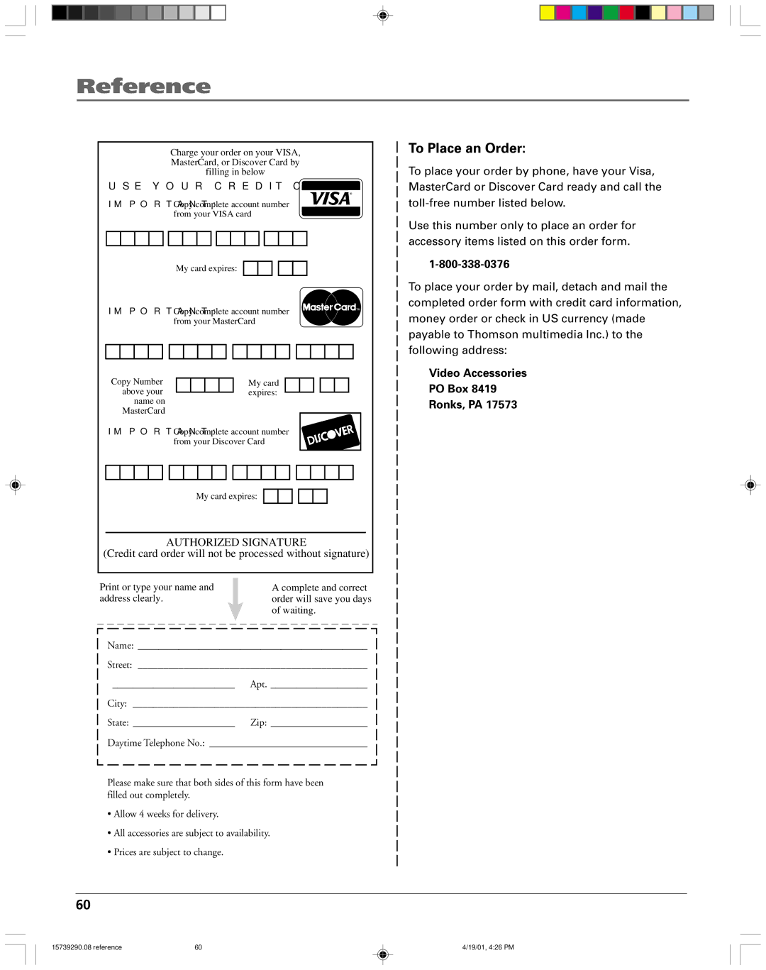 RCA RC5240P user manual To Place an Order, Ronks, PA 