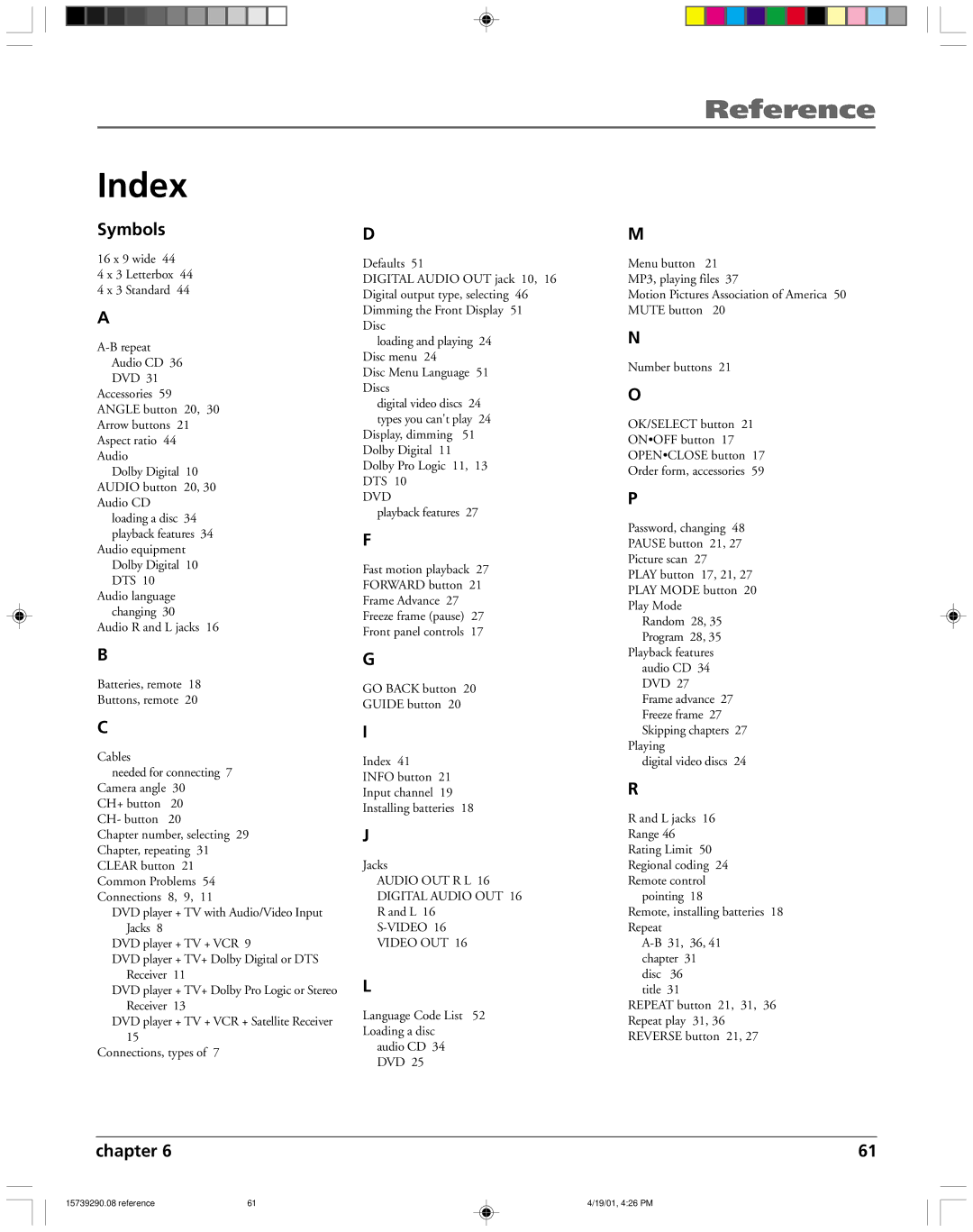 RCA RC5240P user manual Index, Symbols 