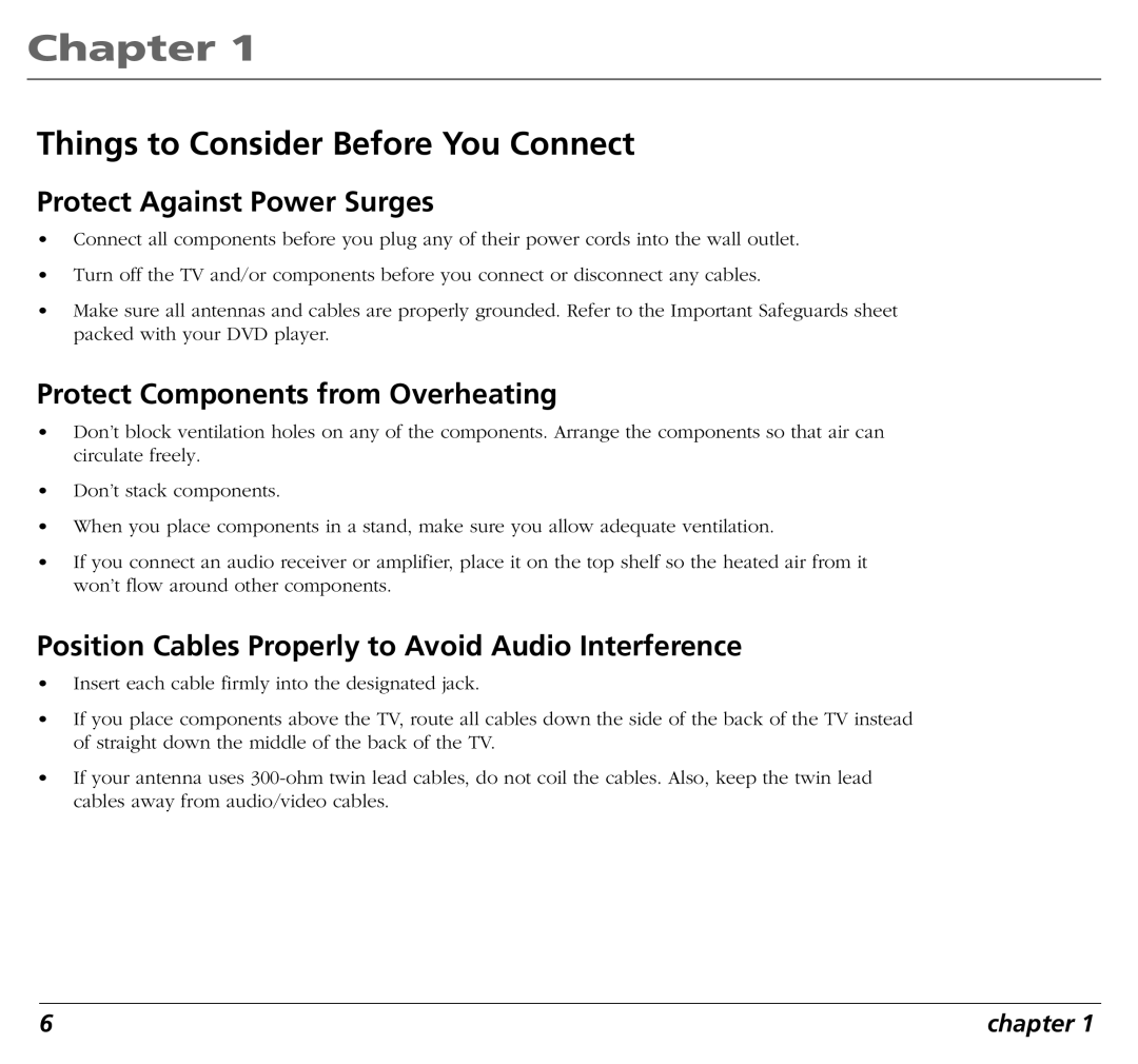 RCA RC5400P Things to Consider Before You Connect, Protect Against Power Surges, Protect Components from Overheating 