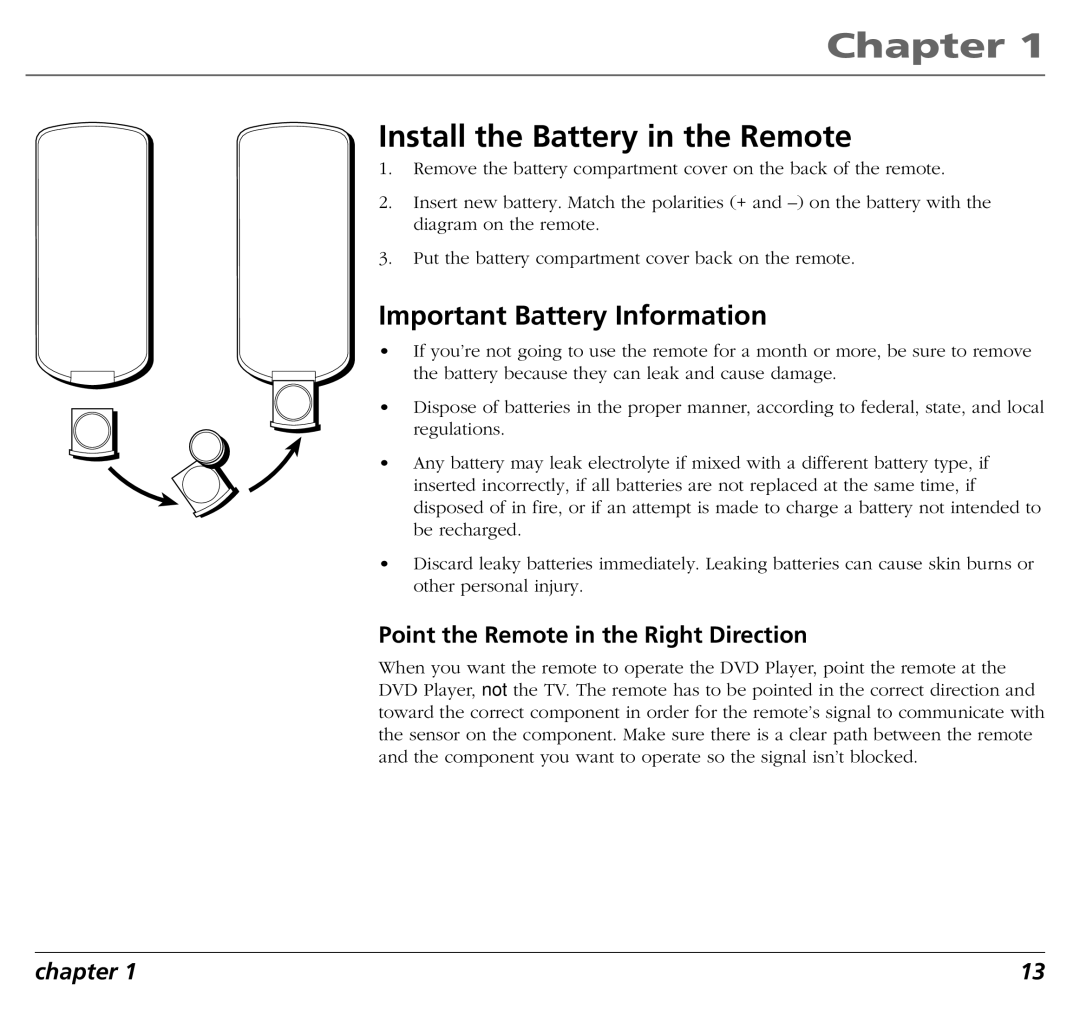 RCA RC5400P Install the Battery in the Remote, Important Battery Information, Point the Remote in the Right Direction 