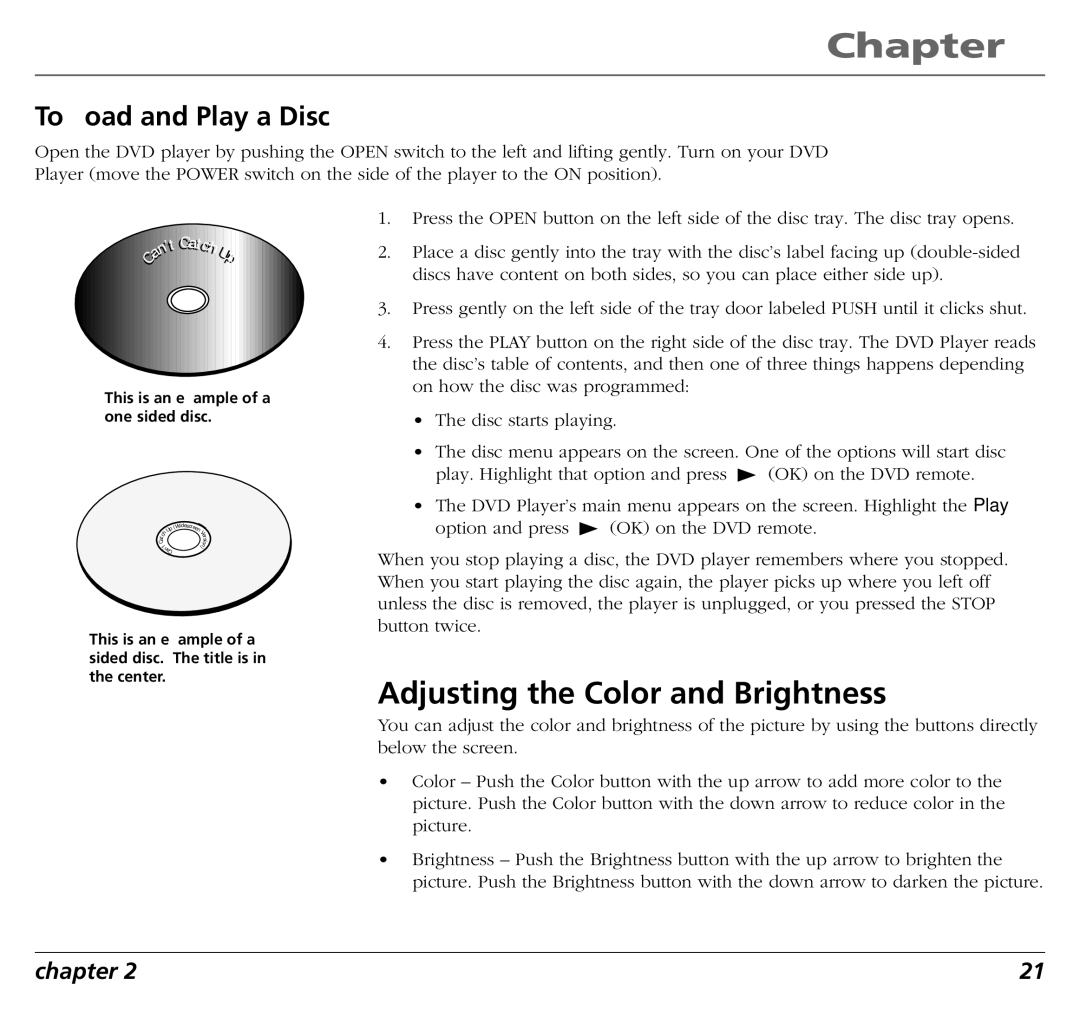 RCA RC5400P user manual Adjusting the Color and Brightness, To Load and Play a Disc 