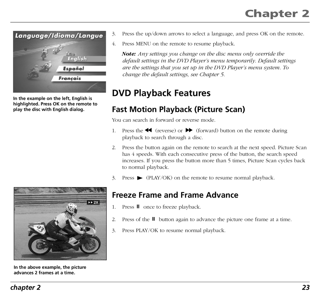 RCA RC5400P user manual DVD Playback Features, Fast Motion Playback Picture Scan, Freeze Frame and Frame Advance 