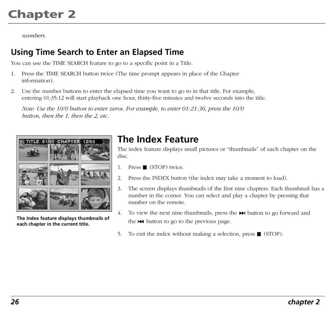 RCA RC5400P user manual Index Feature, Using Time Search to Enter an Elapsed Time 