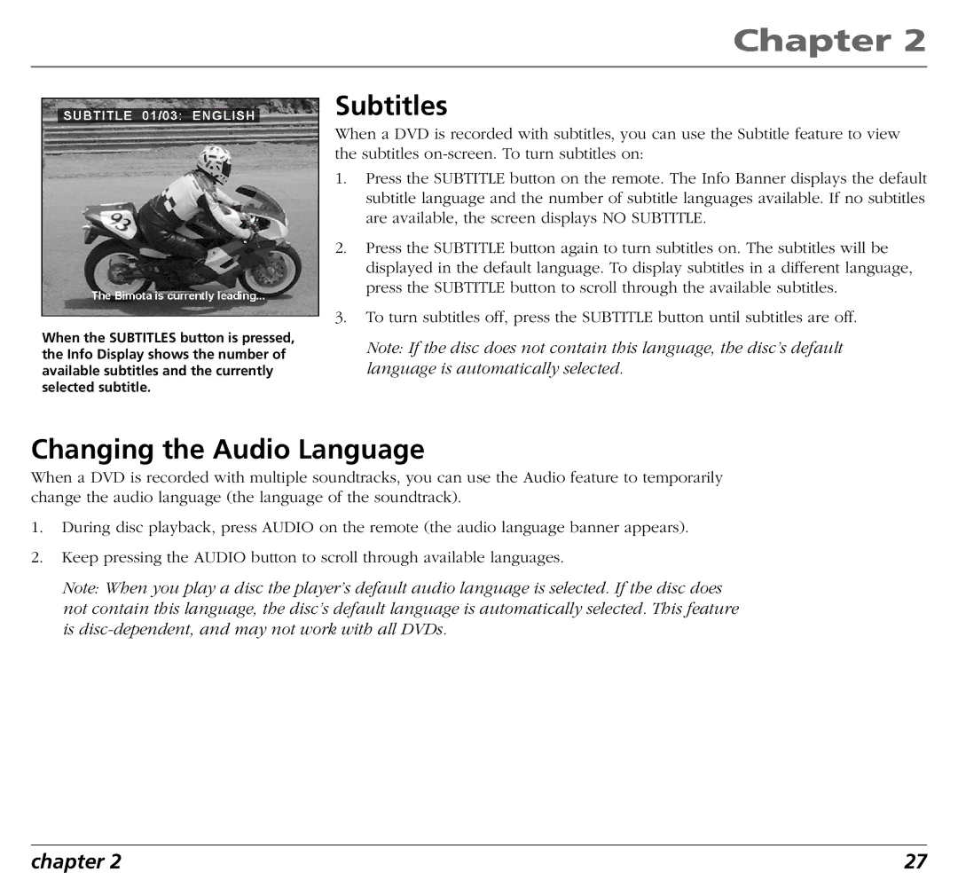 RCA RC5400P user manual Subtitles, Changing the Audio Language 