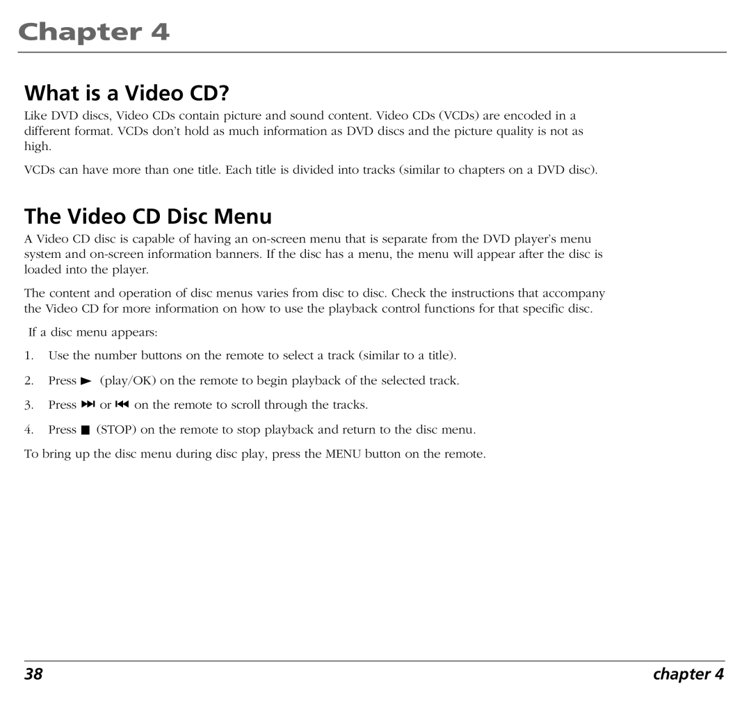 RCA RC5400P user manual What is a Video CD?, Video CD Disc Menu 