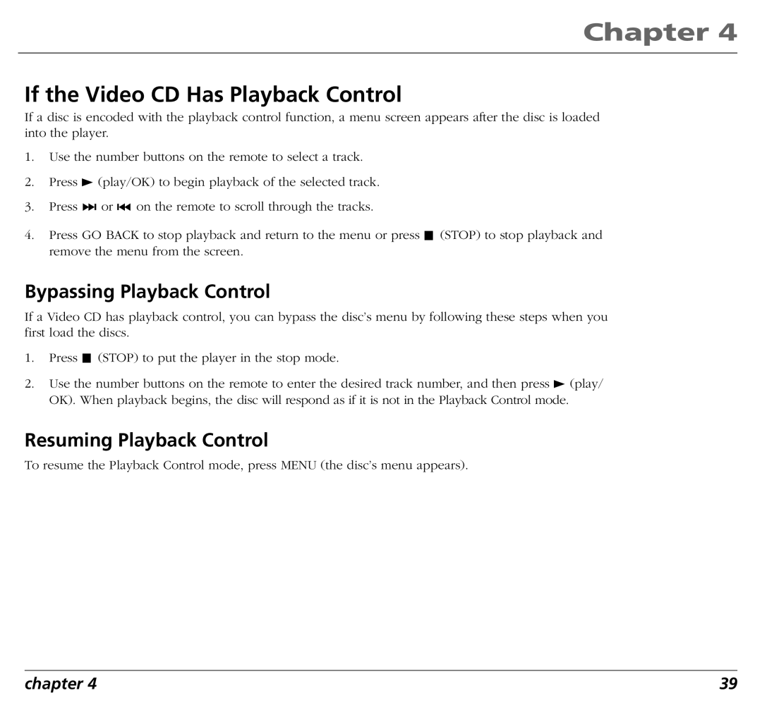 RCA RC5400P user manual If the Video CD Has Playback Control, Bypassing Playback Control, Resuming Playback Control 