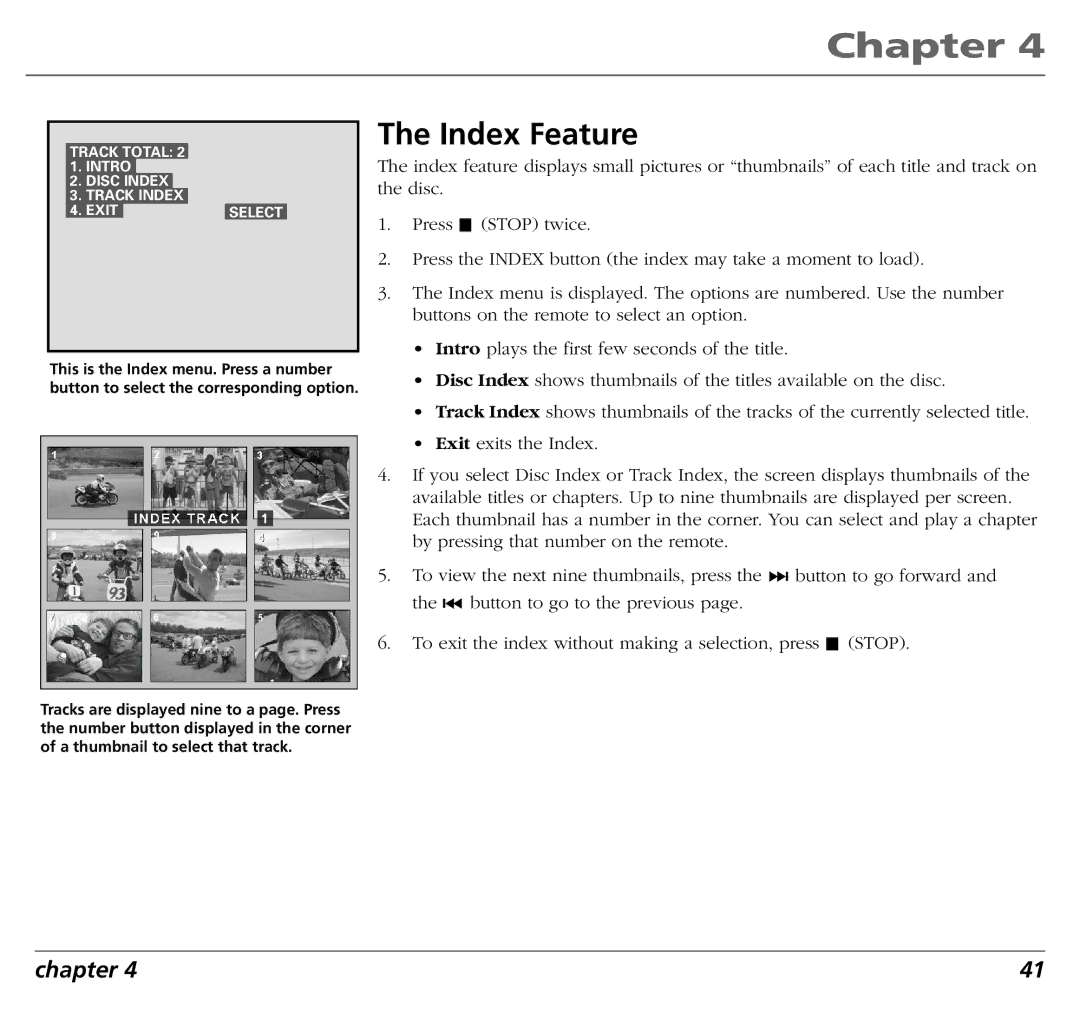RCA RC5400P user manual Track Total Intro Disc Index Track Index Exit Select 