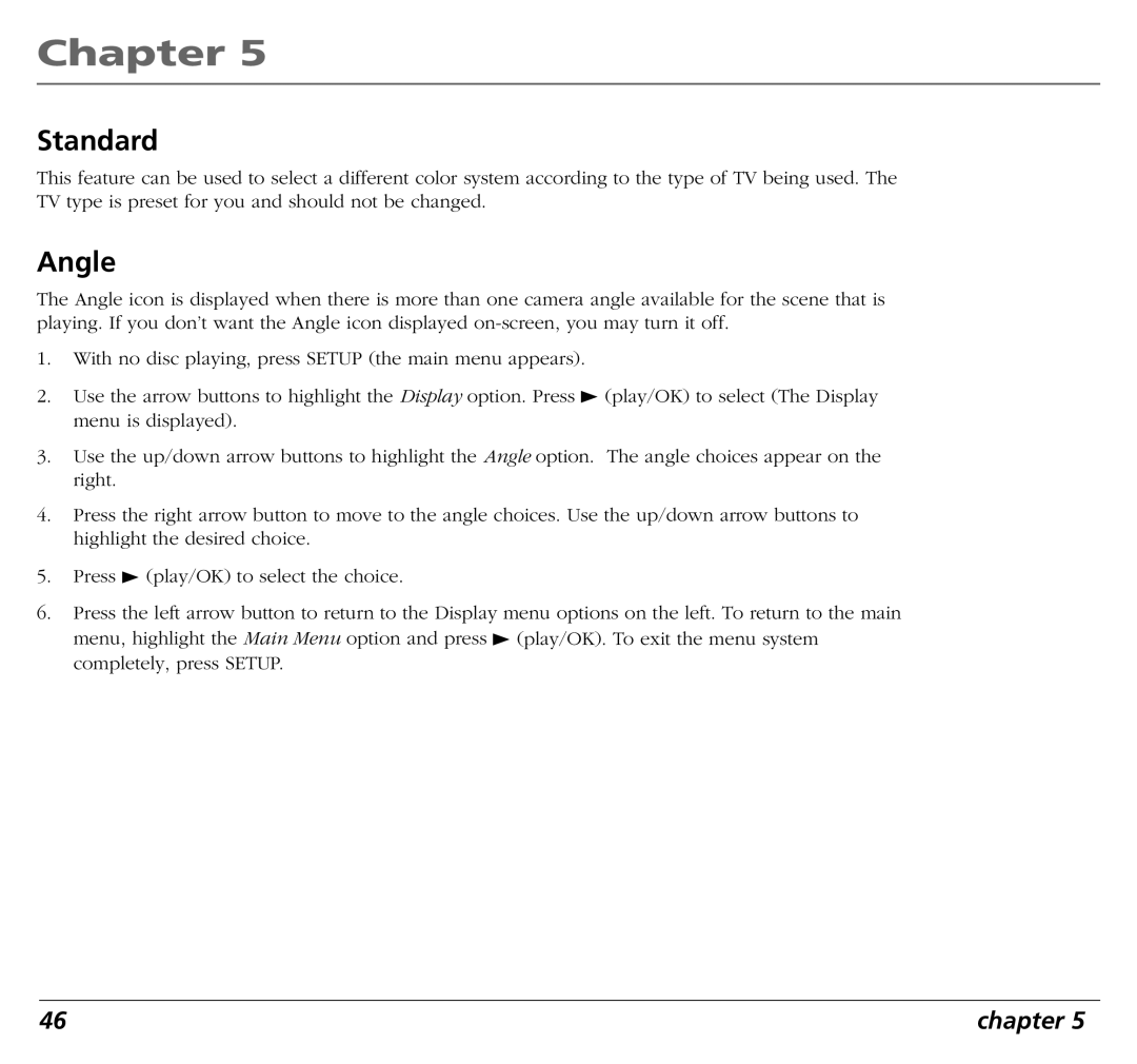 RCA RC5400P user manual Standard, Angle 