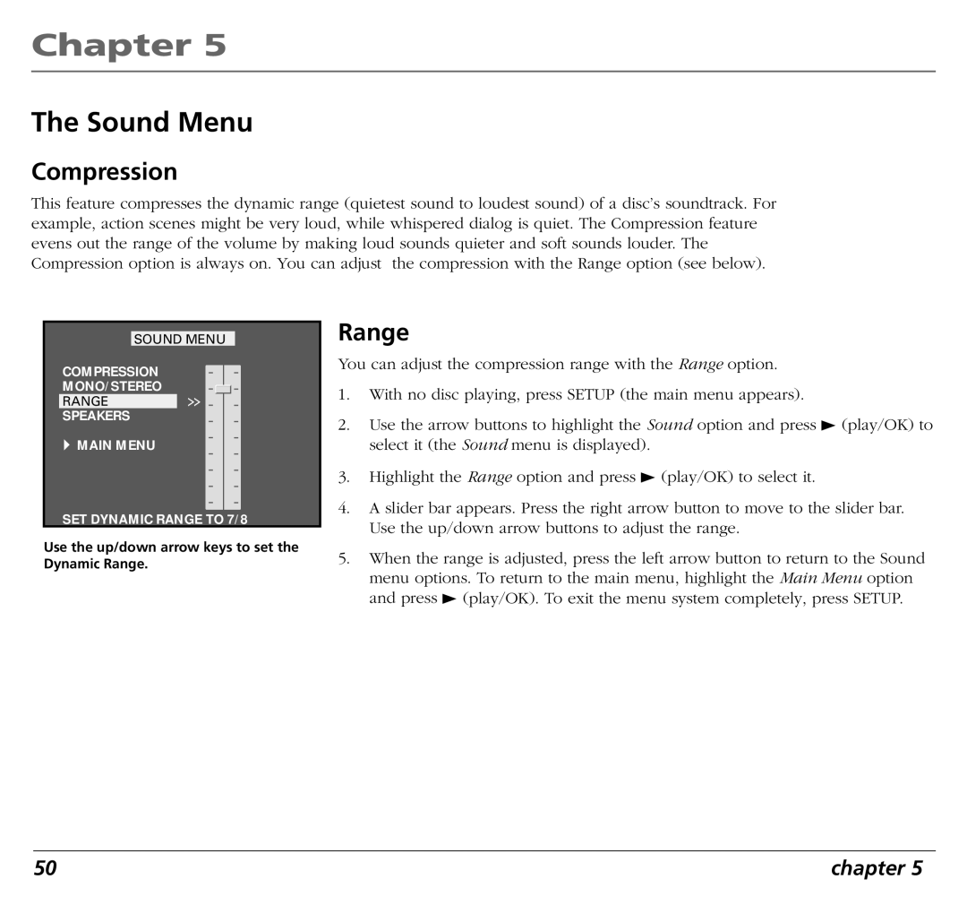 RCA RC5400P user manual Sound Menu, Compression, Range 