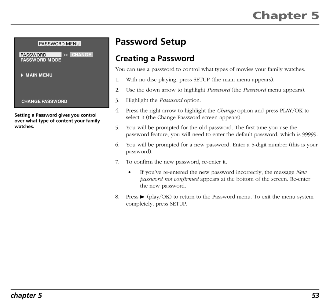 RCA RC5400P user manual Password Setup, Creating a Password 