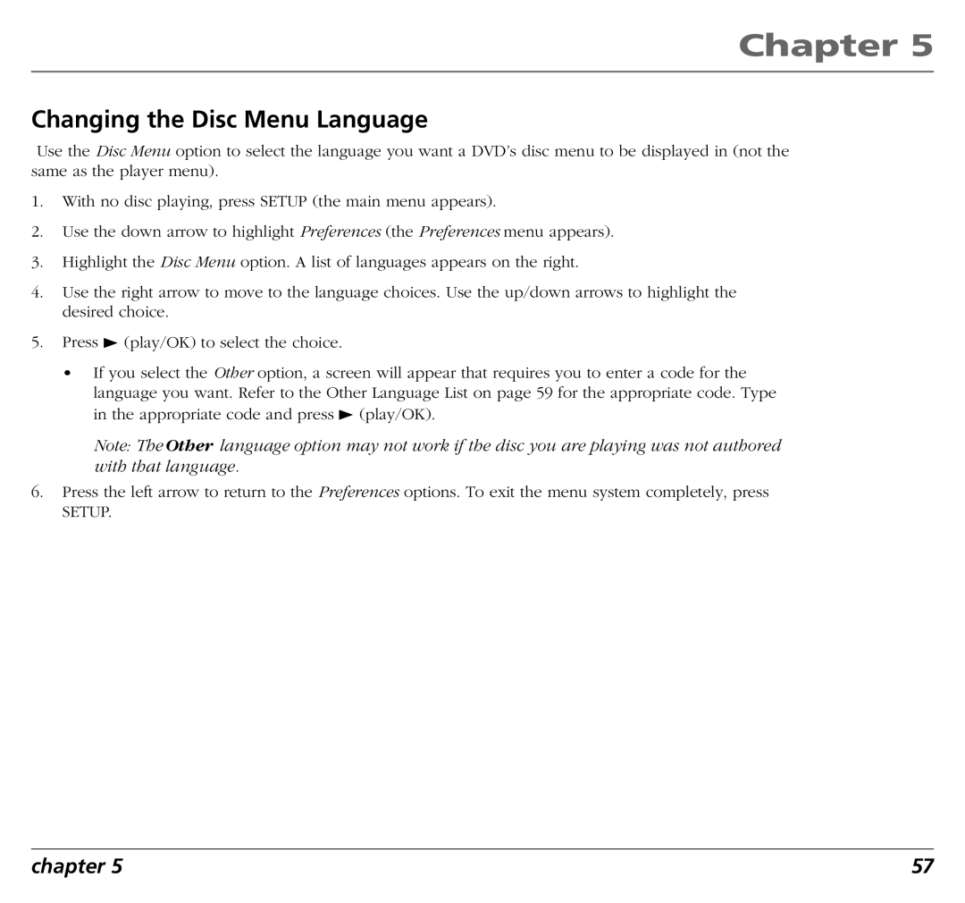 RCA RC5400P user manual Changing the Disc Menu Language 