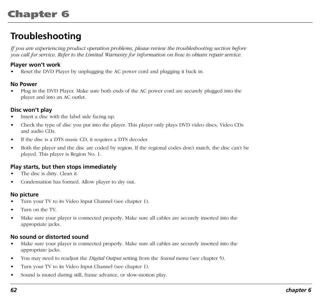 RCA RC5400P user manual Chapter, Troubleshooting 