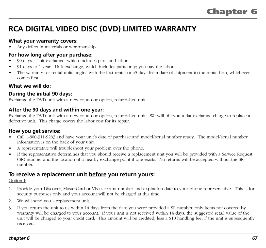 RCA RC5400P user manual RCA Digital Video Disc DVD Limited Warranty, To receive a replacement unit before you return yours 