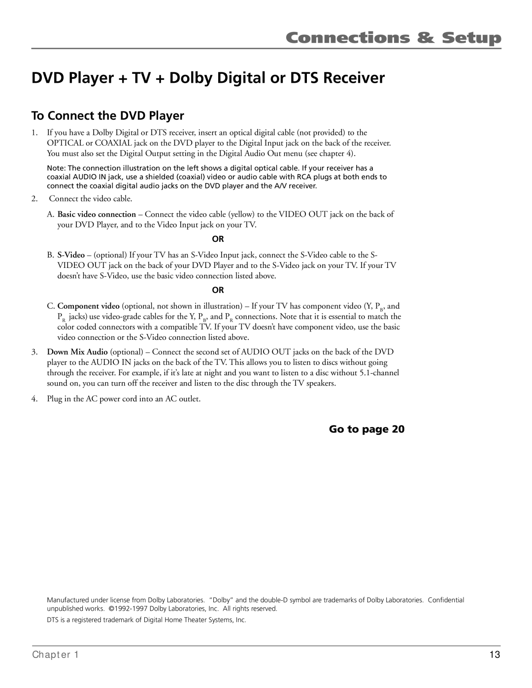 RCA RC5920P manual DVD Player + TV + Dolby Digital or DTS Receiver, To Connect the DVD Player 