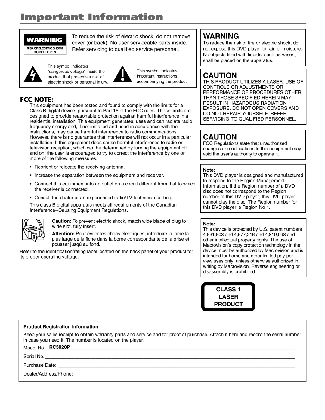 RCA RC5920P manual Important Information, Refer servicing to qualified service personnel 