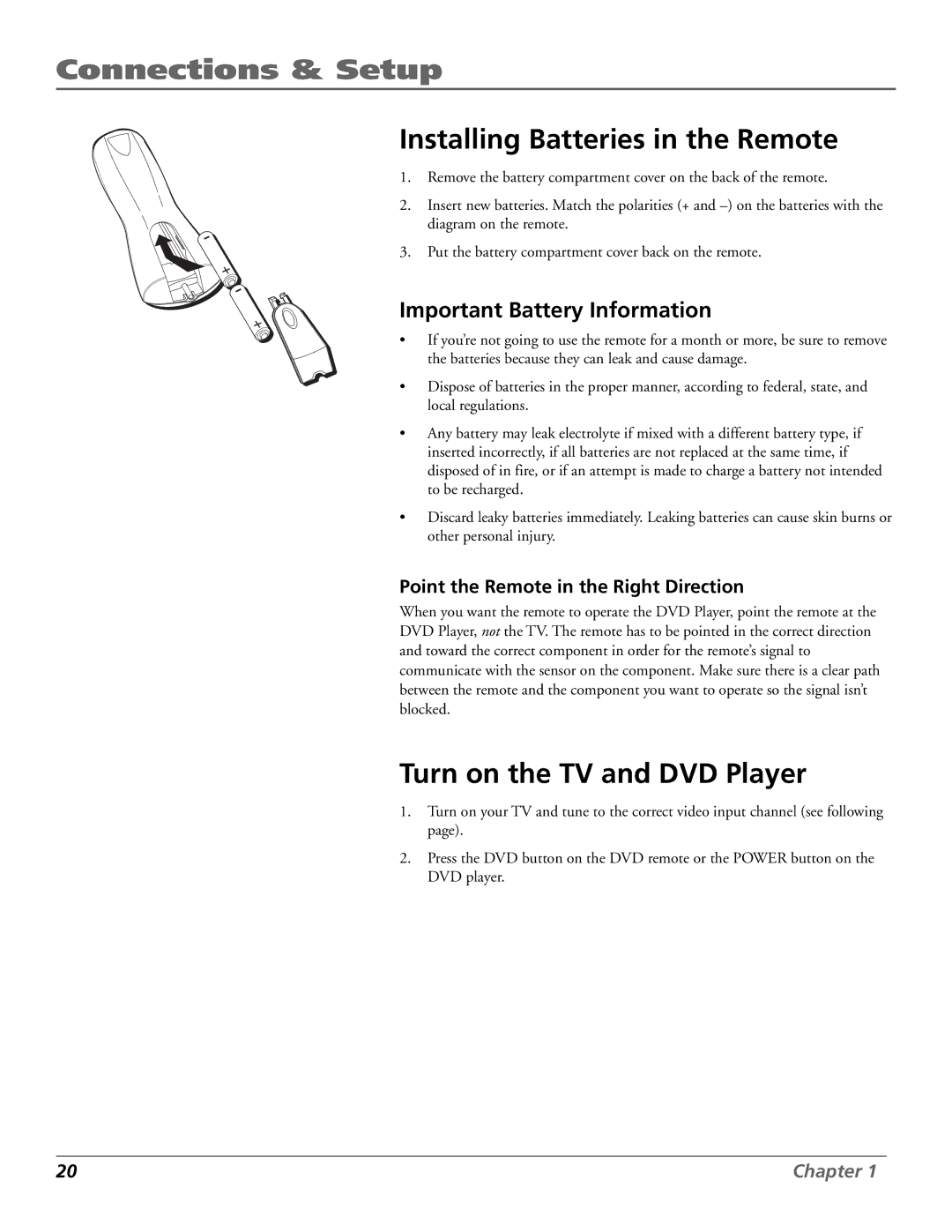 RCA RC5920P manual Installing Batteries in the Remote, Turn on the TV and DVD Player, Important Battery Information 