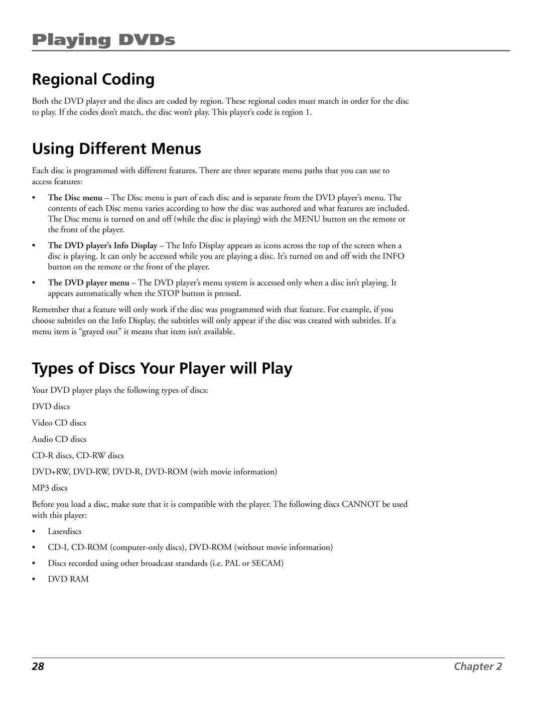 RCA RC5920P manual Playing DVDs, Regional Coding, Using Different Menus, Types of Discs Your Player will Play 
