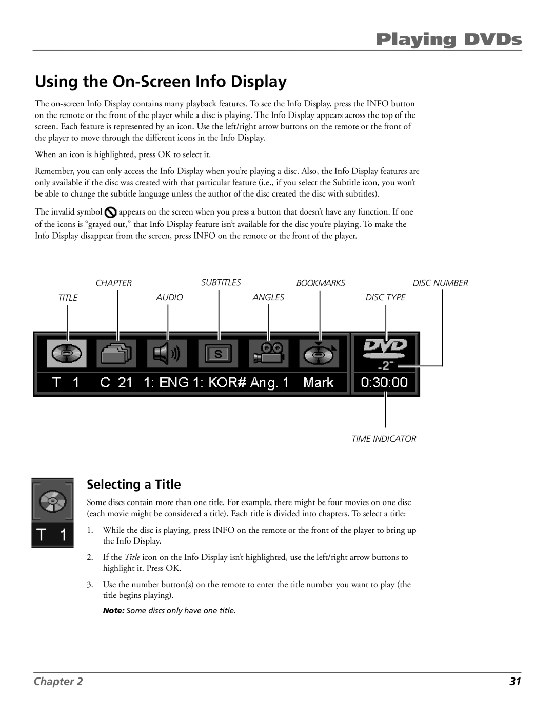 RCA RC5920P manual Using the On-Screen Info Display, Selecting a Title 