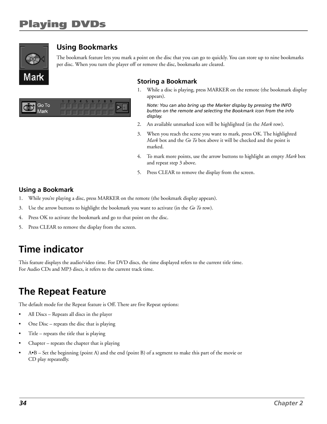 RCA RC5920P manual Time indicator, Repeat Feature, Using Bookmarks, Storing a Bookmark, Using a Bookmark 