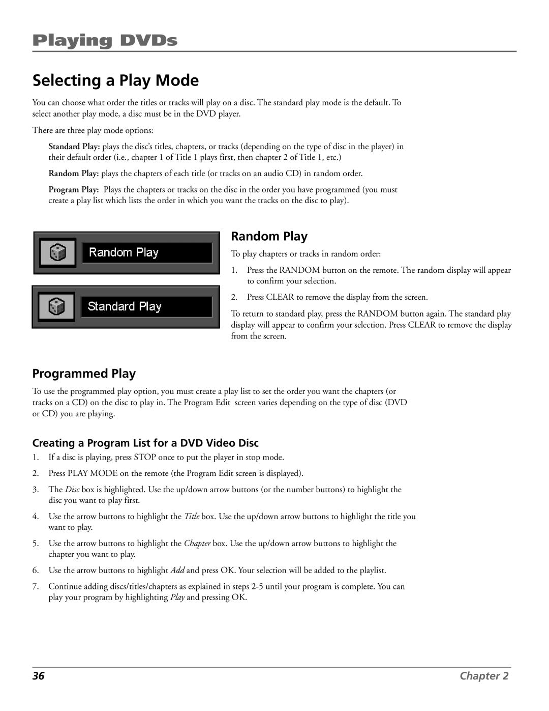 RCA RC5920P manual Selecting a Play Mode, Random Play, Programmed Play, Creating a Program List for a DVD Video Disc 