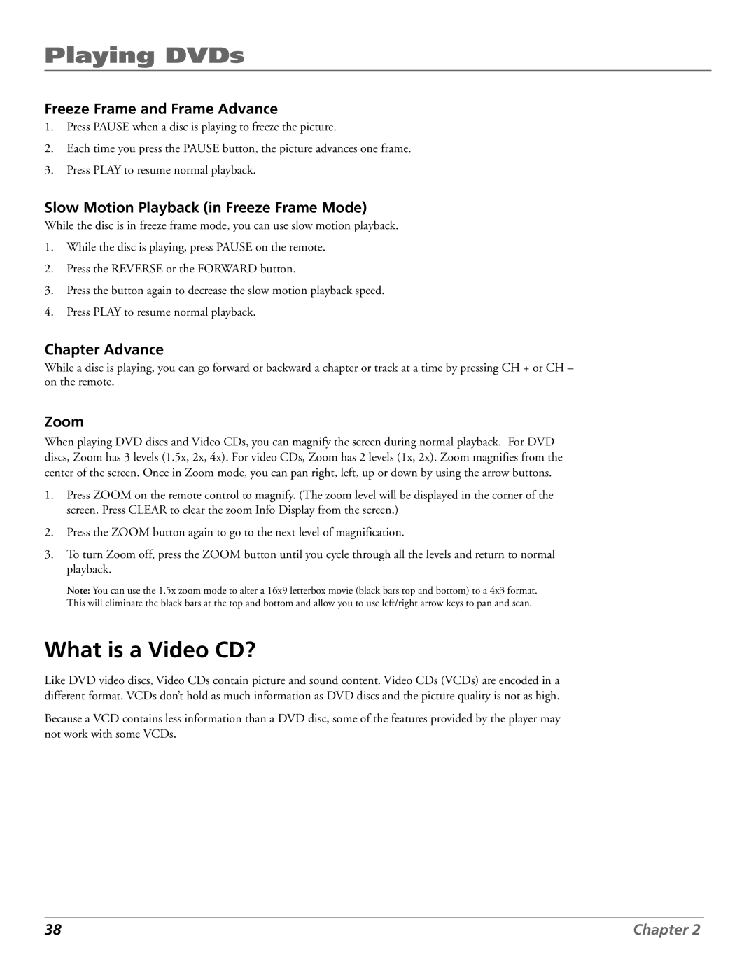 RCA RC5920P manual What is a Video CD?, Freeze Frame and Frame Advance, Slow Motion Playback in Freeze Frame Mode, Zoom 