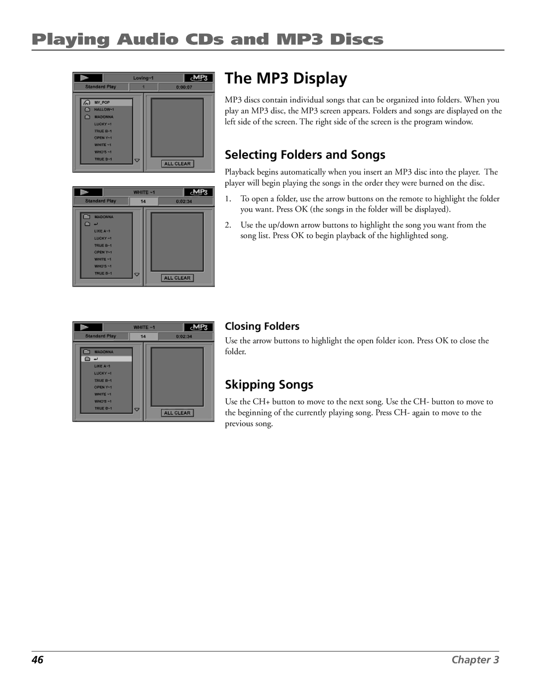 RCA RC5920P manual MP3 Display, Selecting Folders and Songs, Skipping Songs, Closing Folders 