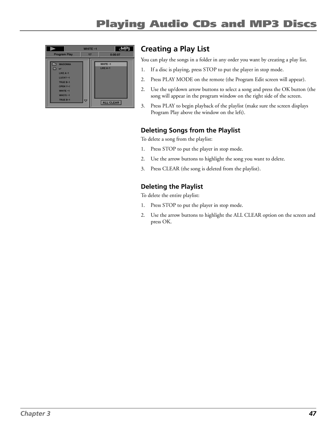 RCA RC5920P manual Creating a Play List, Deleting Songs from the Playlist, Deleting the Playlist 