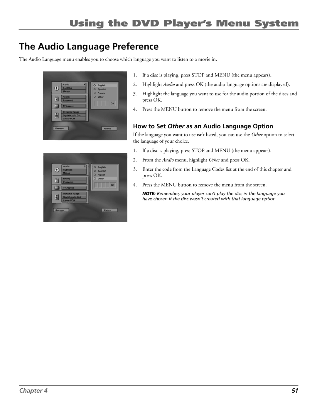 RCA RC5920P manual Audio Language Preference, How to Set Other as an Audio Language Option 