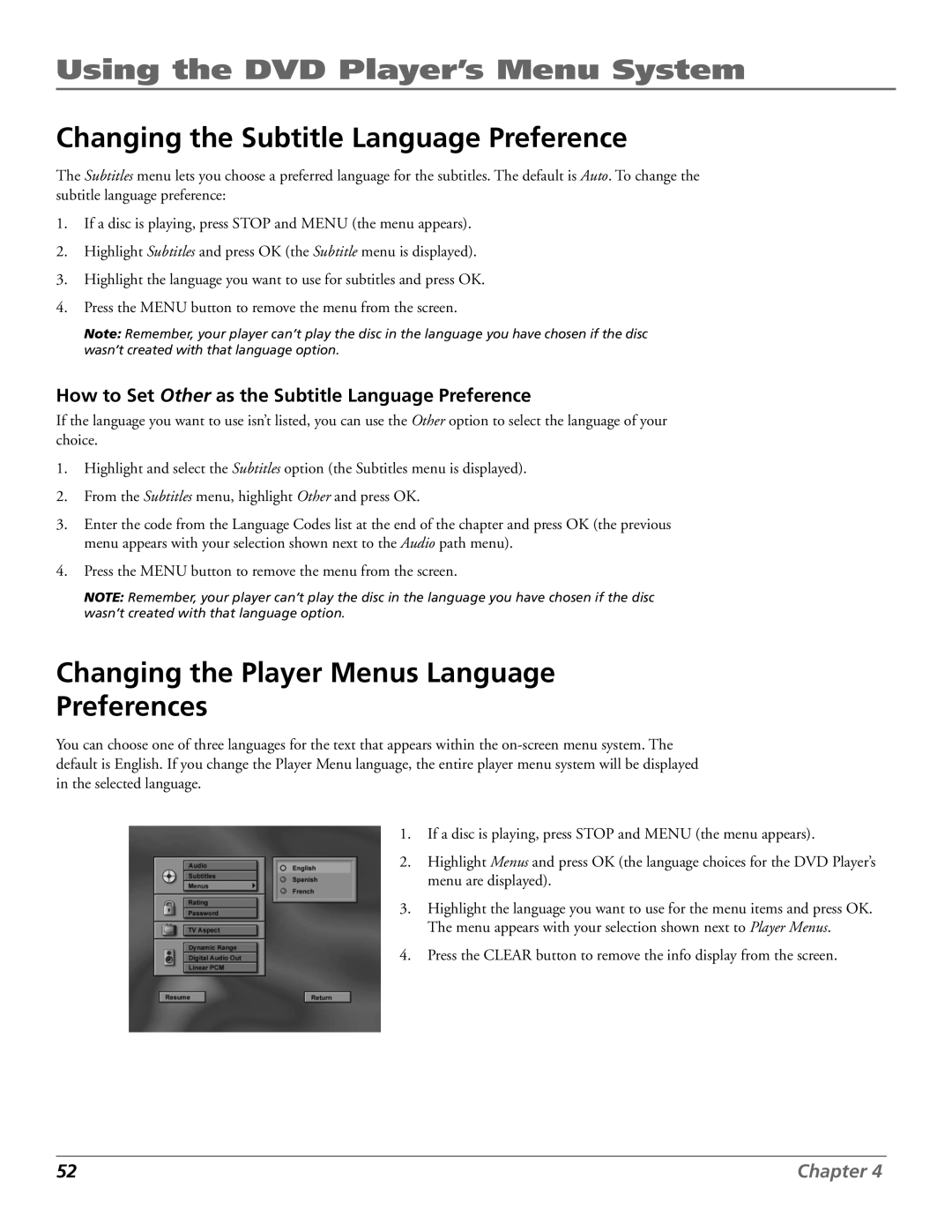 RCA RC5920P manual Changing the Subtitle Language Preference, Changing the Player Menus Language Preferences 