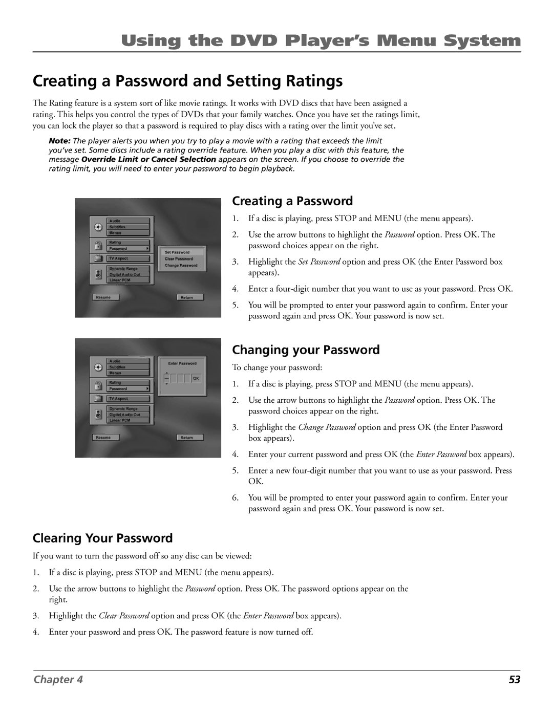 RCA RC5920P manual Creating a Password and Setting Ratings, Changing your Password, Clearing Your Password 