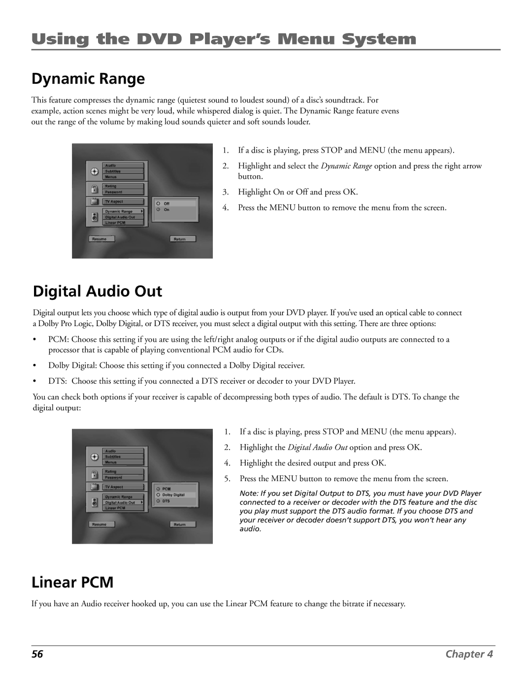 RCA RC5920P manual Dynamic Range, Digital Audio Out, Linear PCM 