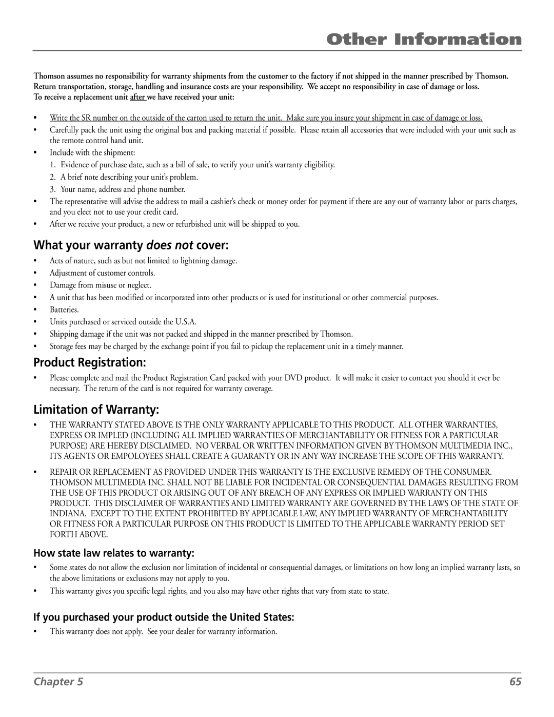 RCA RC5920P manual What your warranty does not cover, Product Registration, Limitation of Warranty 