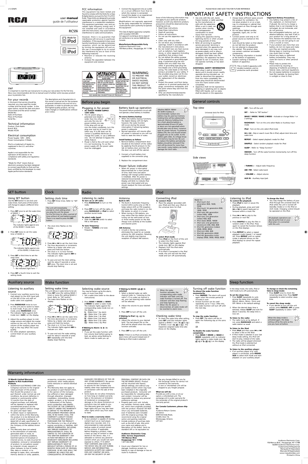 RCA RC59i user manual Before you begin, General controls, SET button ClockRadio IPod, Auxiliary source, Wake function 