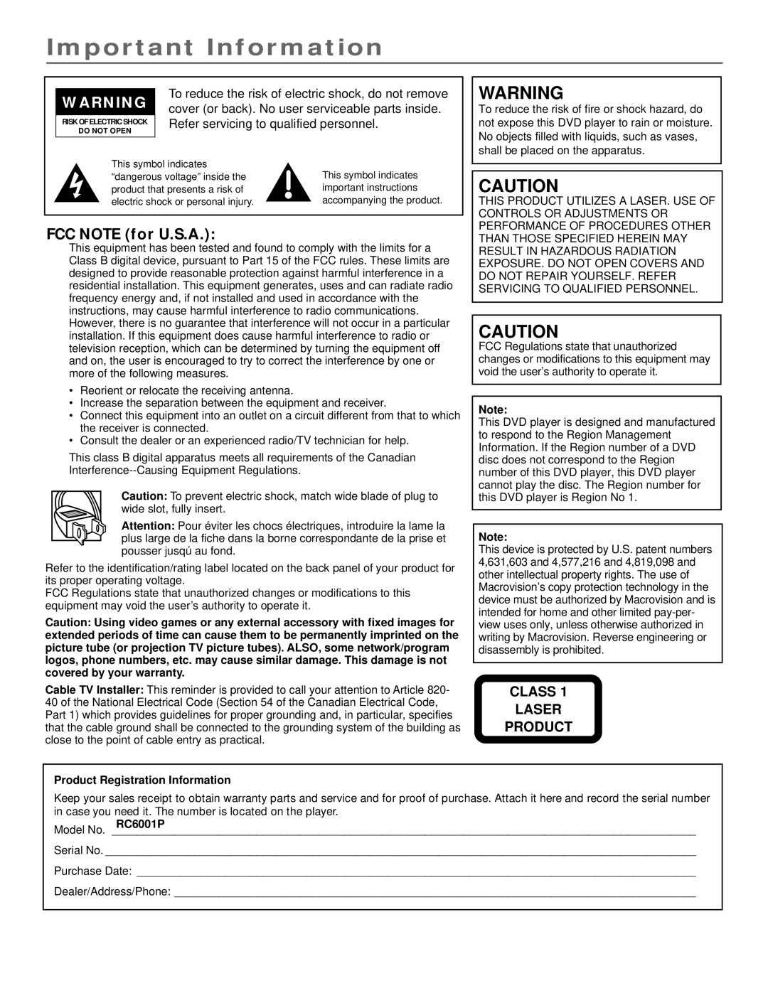 RCA RC6001P user manual Important Information, FCC Note for U.S.A 