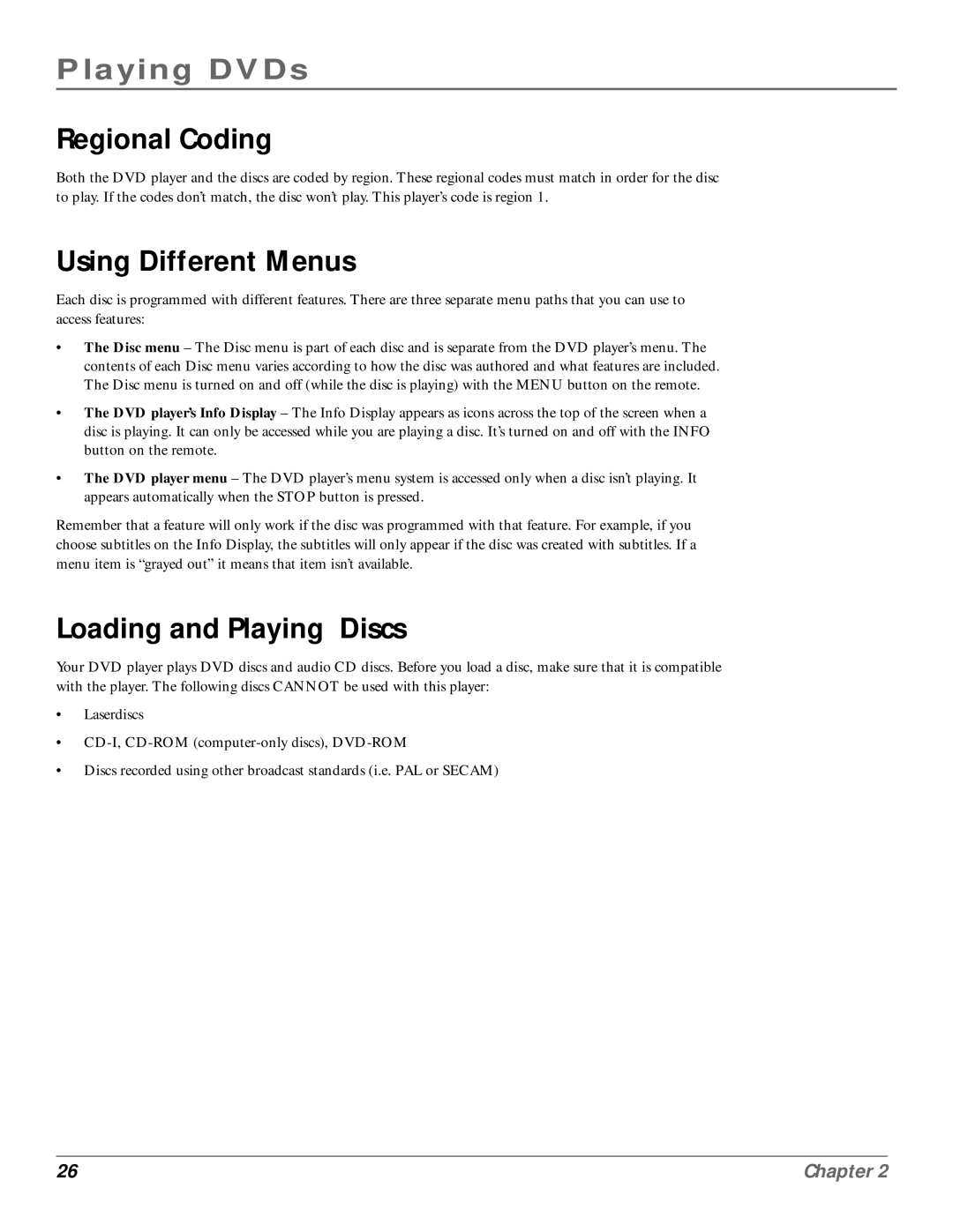 RCA RC6001P user manual Playing DVDs, Regional Coding, Using Different Menus, Loading and Playing Discs 
