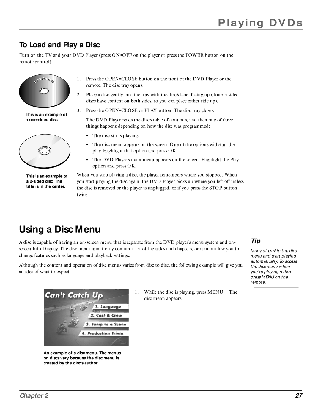 RCA RC6001P user manual Using a Disc Menu, To Load and Play a Disc 