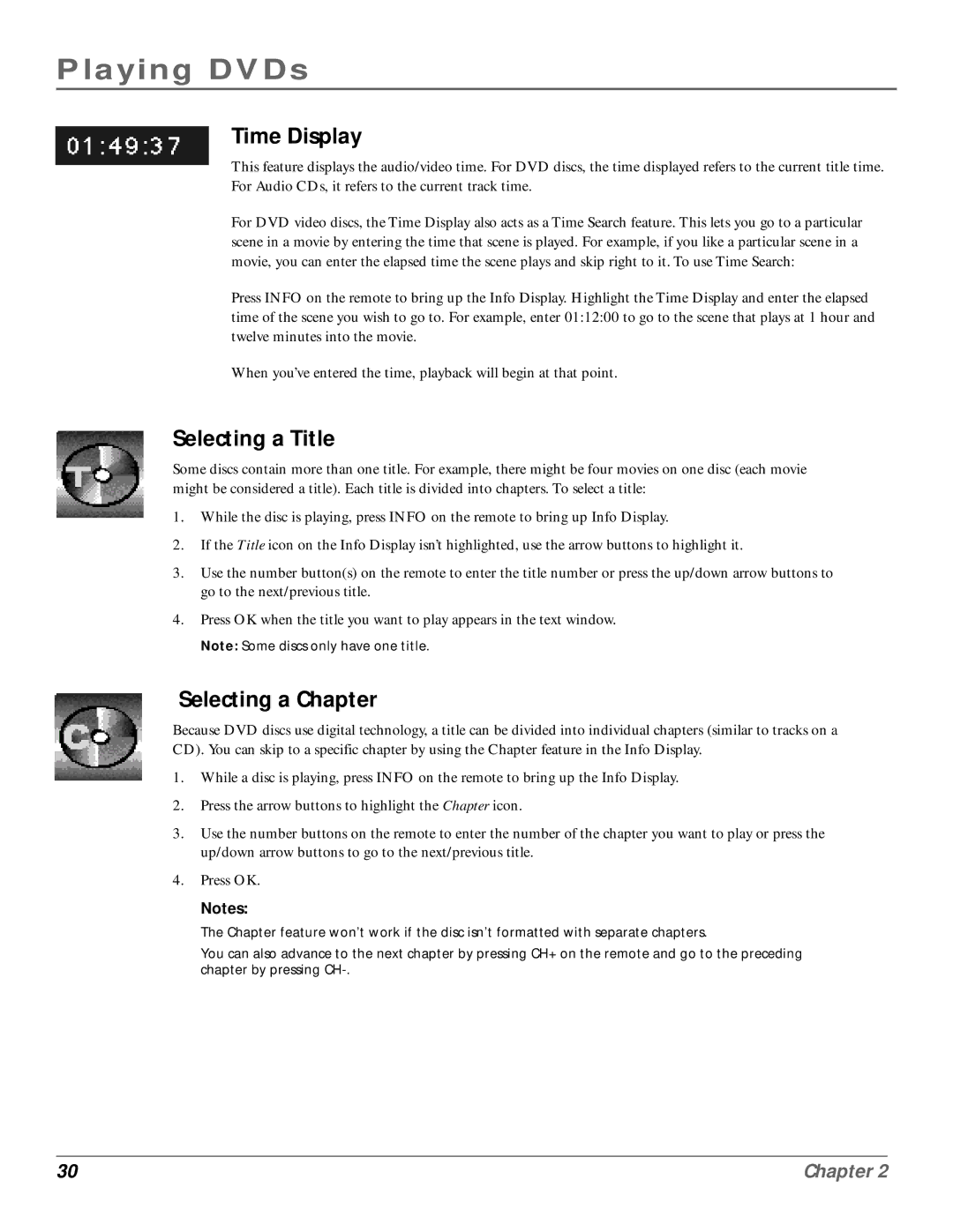 RCA RC6001P user manual Time Display, Selecting a Title, Selecting a Chapter 