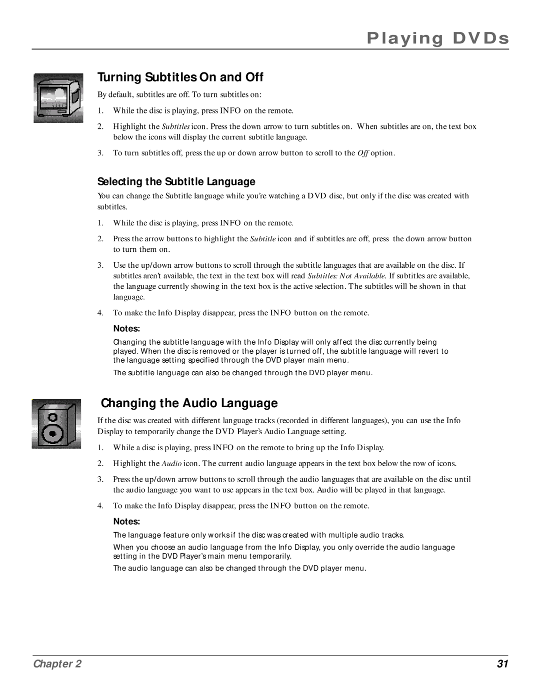 RCA RC6001P user manual Turning Subtitles On and Off, Changing the Audio Language, Selecting the Subtitle Language 