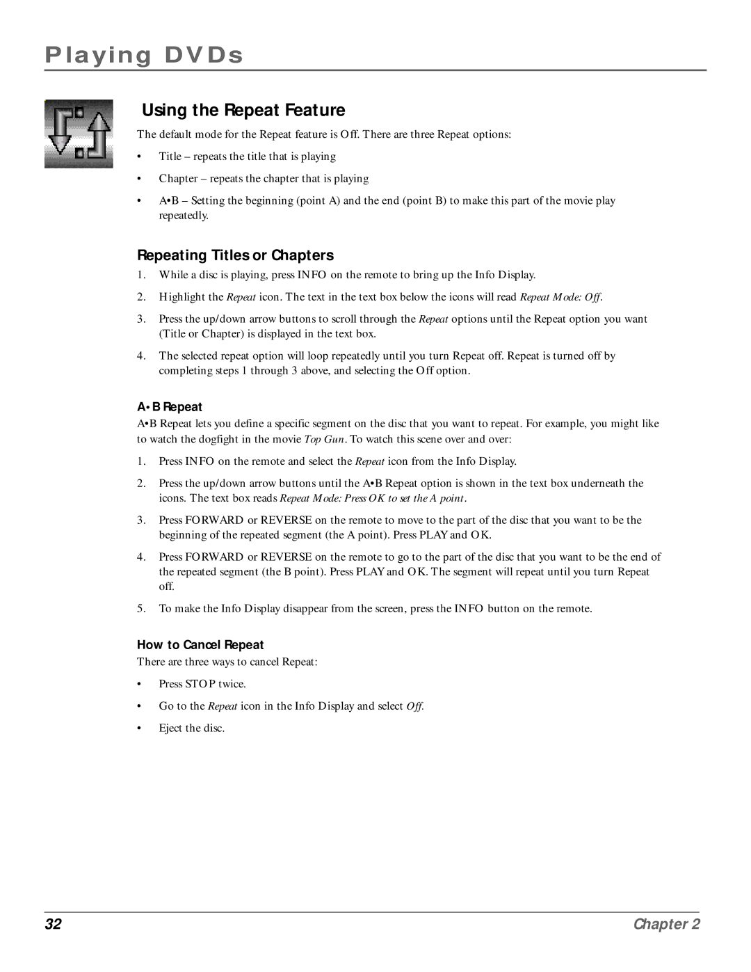 RCA RC6001P user manual Using the Repeat Feature, Repeating Titles or Chapters 