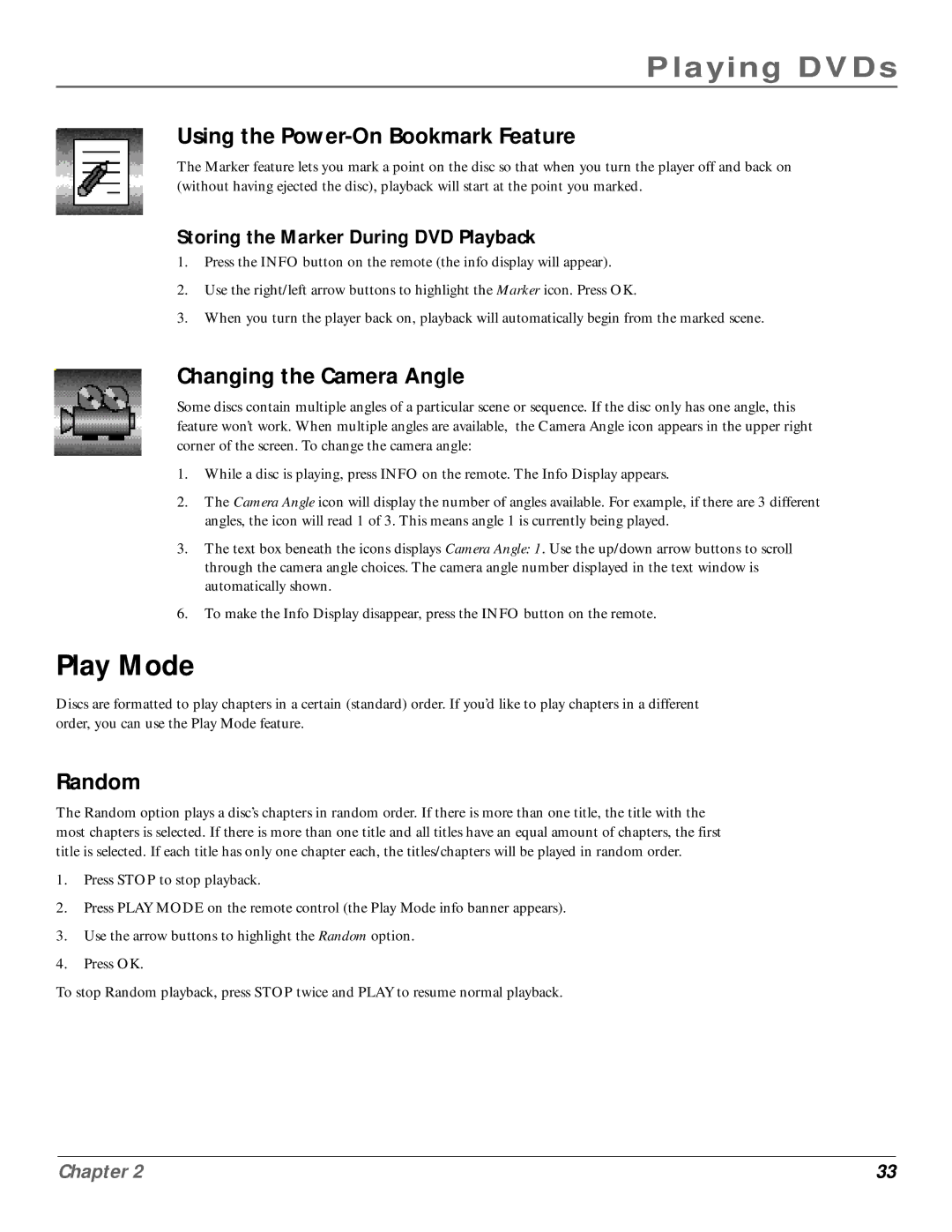 RCA RC6001P user manual Play Mode, Using the Power-On Bookmark Feature, Changing the Camera Angle, Random 