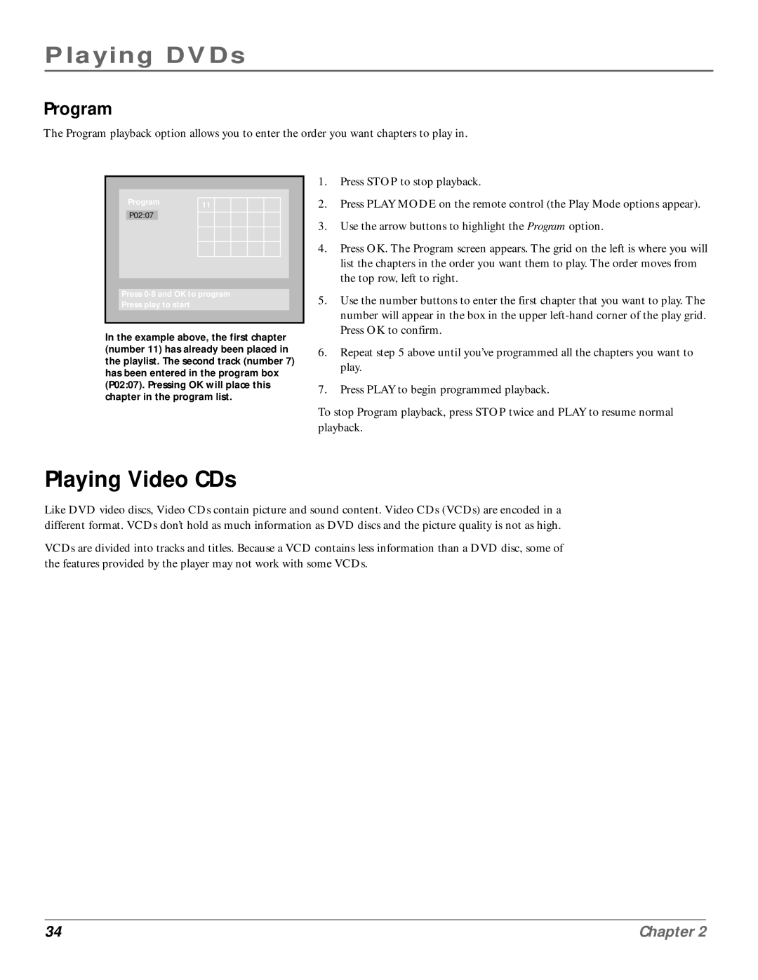 RCA RC6001P user manual Playing Video CDs, Program 