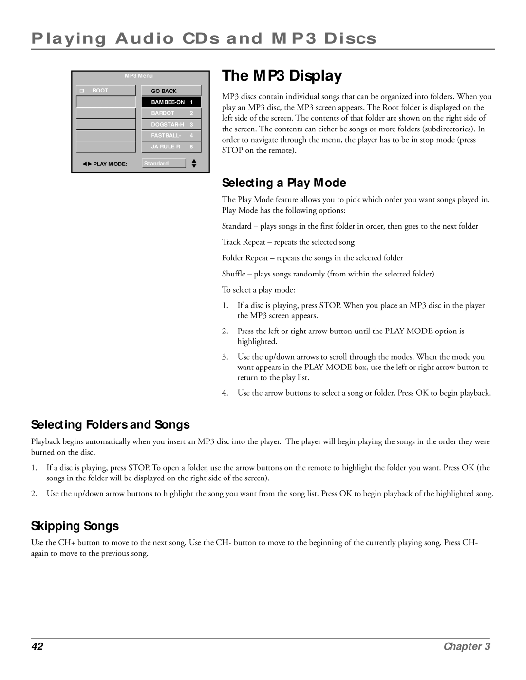 RCA RC6001P user manual MP3 Display, Selecting a Play Mode, Selecting Folders and Songs, Skipping Songs 