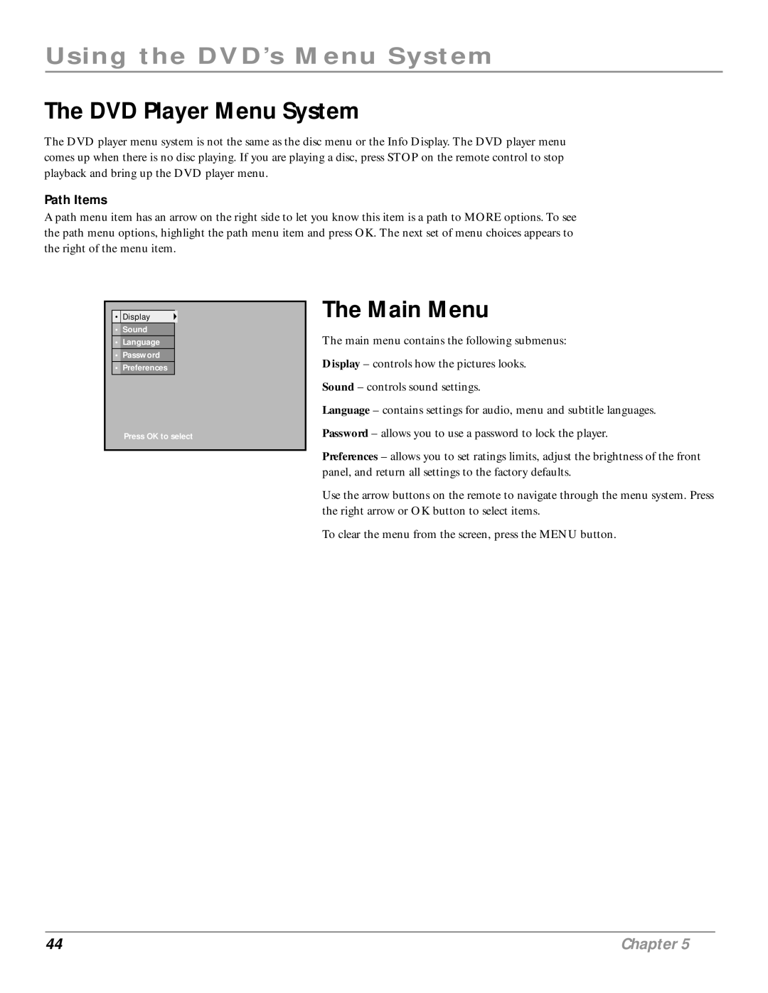 RCA RC6001P user manual DVD Player Menu System, Main Menu 