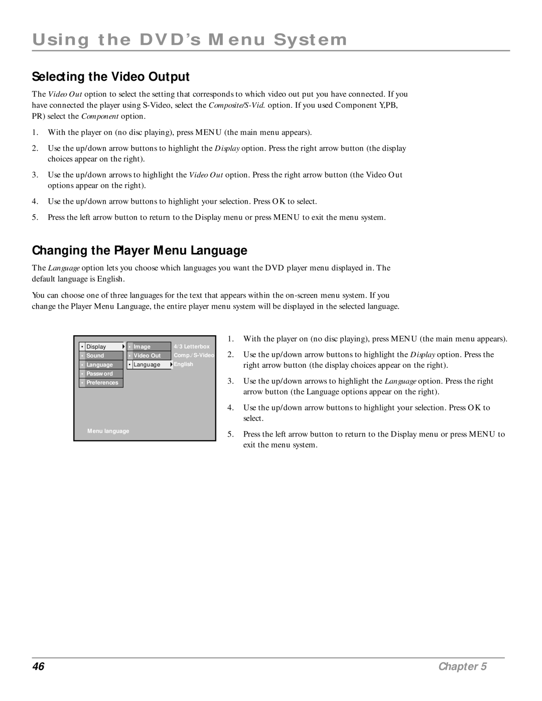 RCA RC6001P user manual Selecting the Video Output, Changing the Player Menu Language 