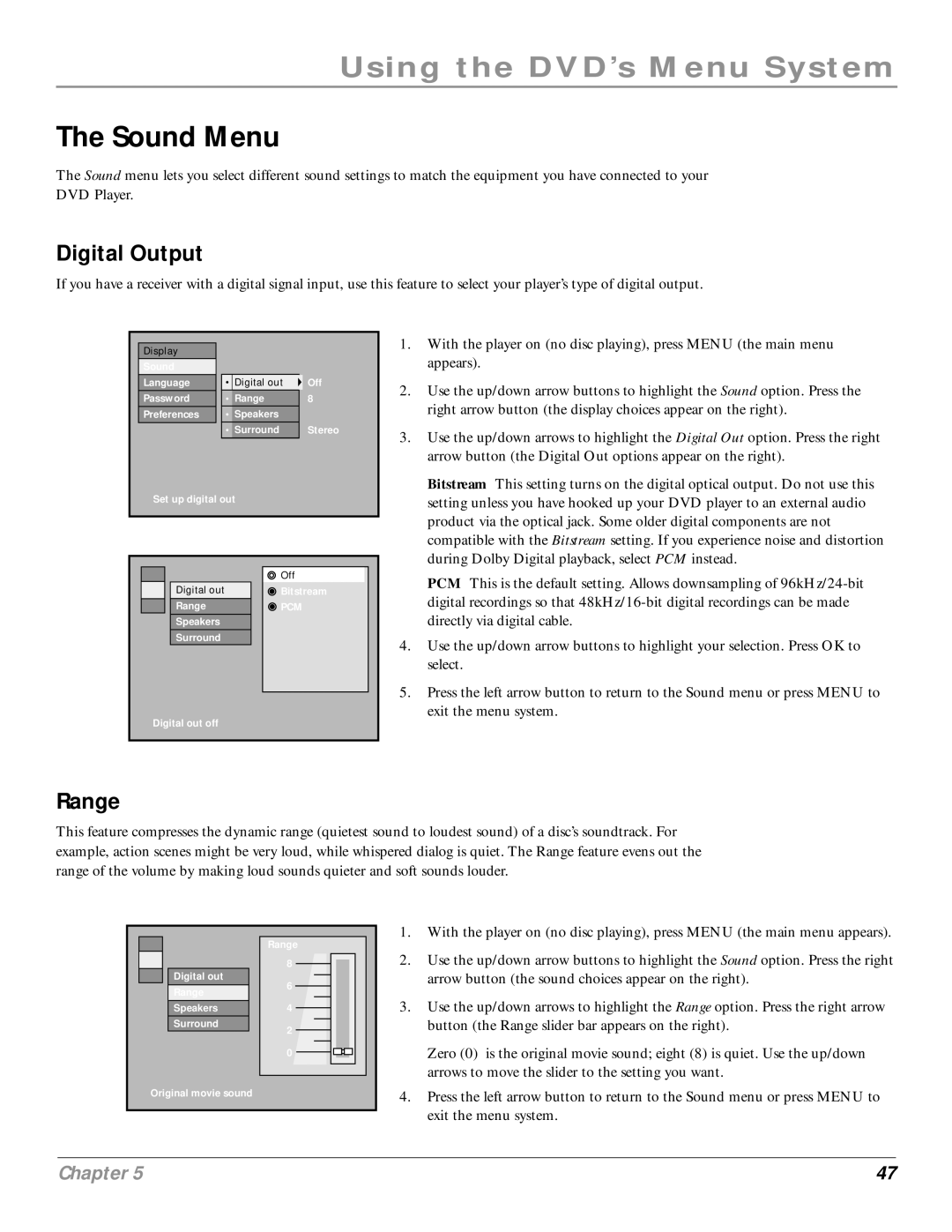 RCA RC6001P user manual Sound Menu, Digital Output, Range 