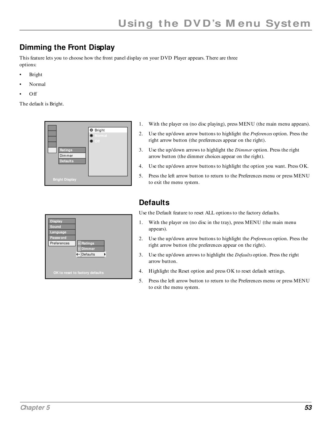 RCA RC6001P user manual Dimming the Front Display, Defaults 