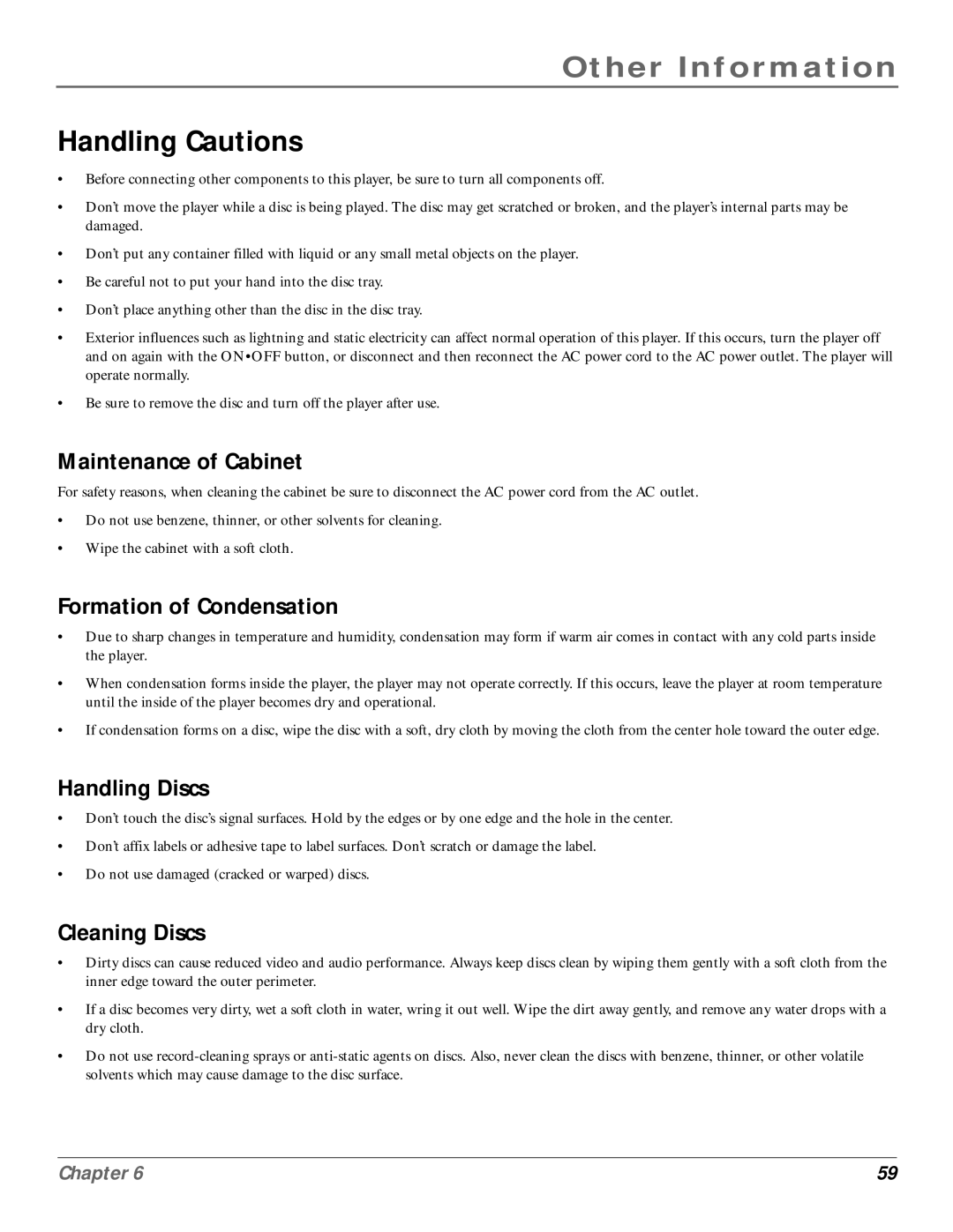 RCA RC6001P Handling Cautions, Maintenance of Cabinet, Formation of Condensation, Handling Discs, Cleaning Discs 