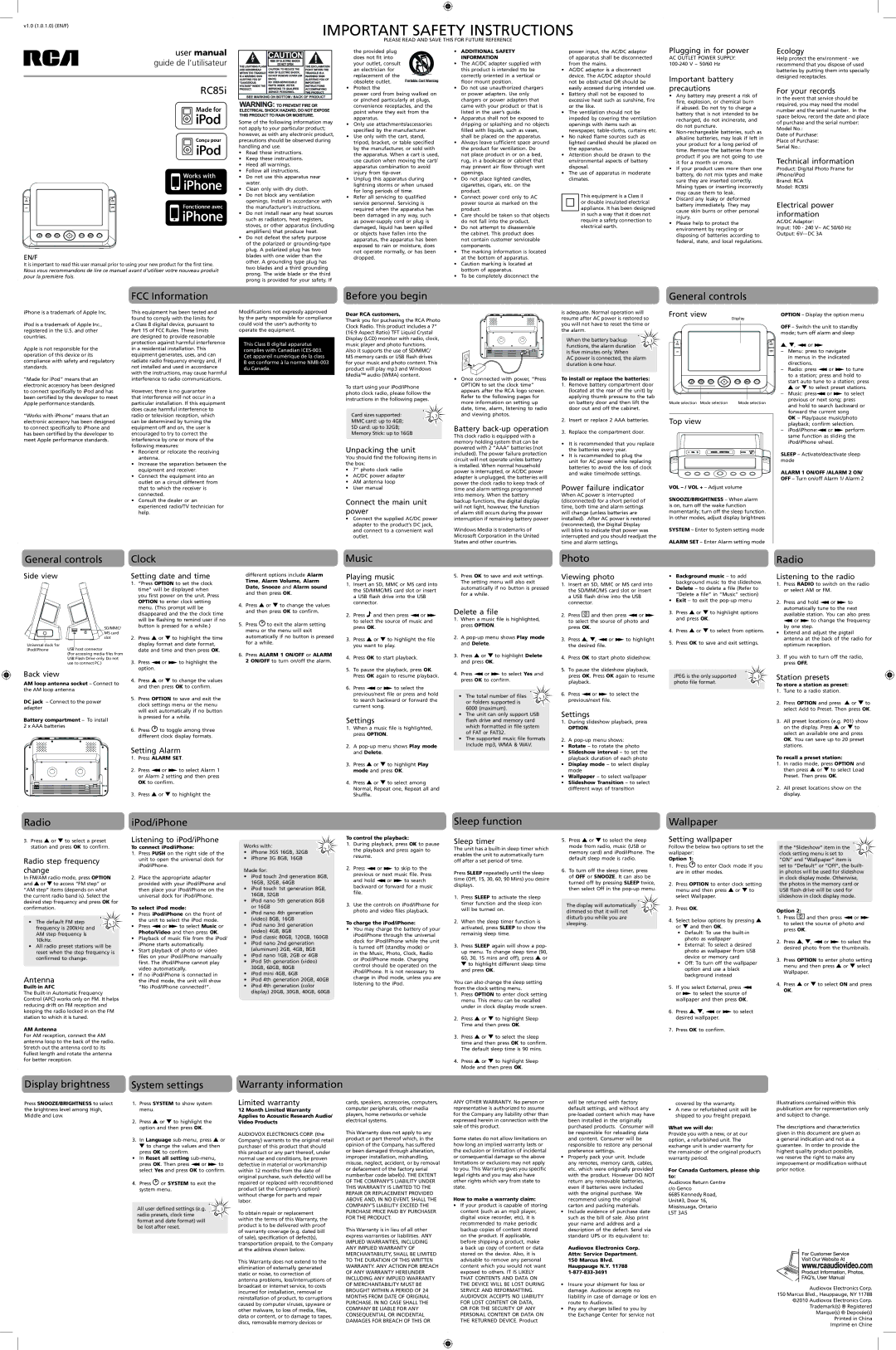RCA RC85I user manual RC85i, FCC Information, Before you begin, General controls Clock Music Photo Radio 