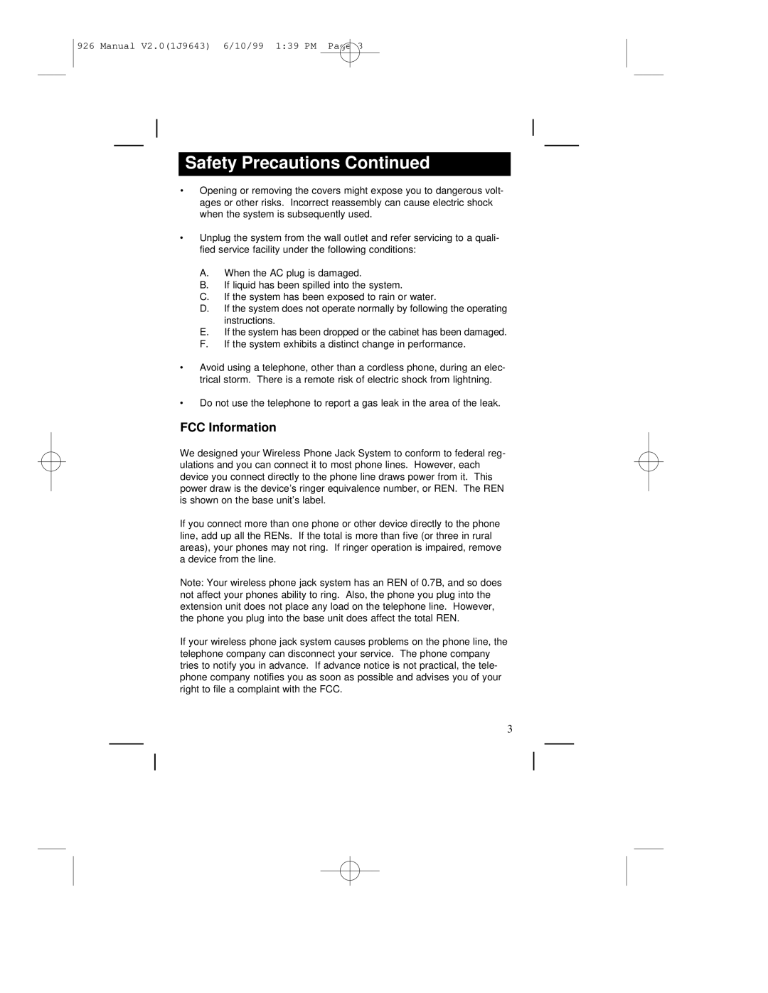 RCA RC926 warranty Safety Precautions, FCC Information 