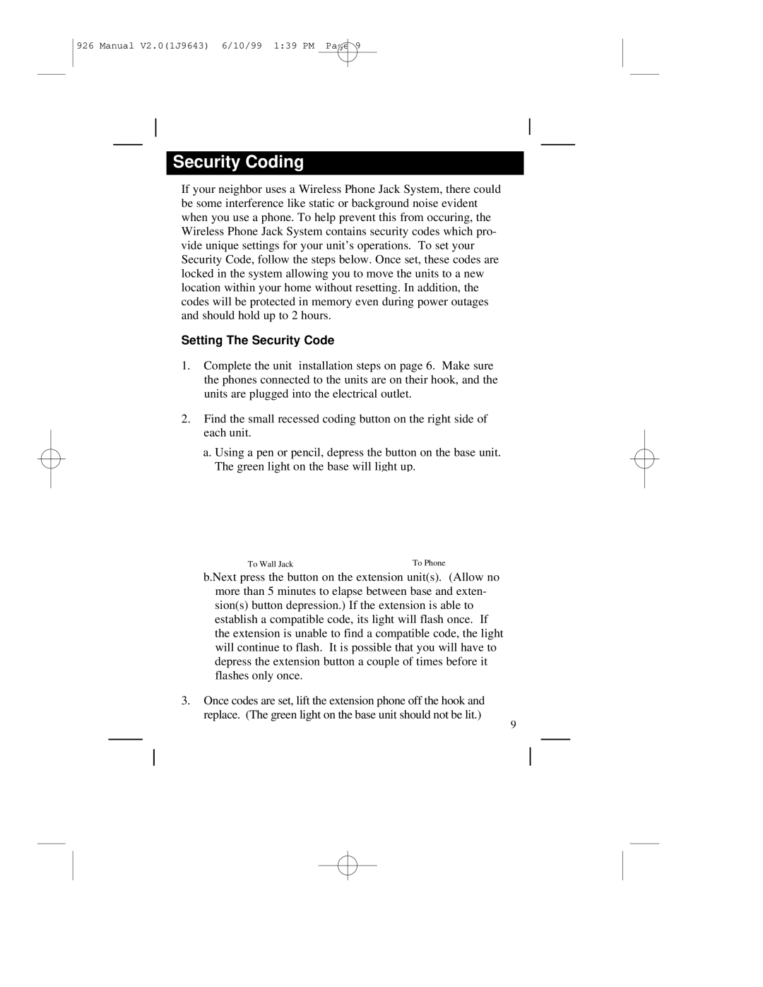 RCA RC926 warranty Security Coding, Setting The Security Code 